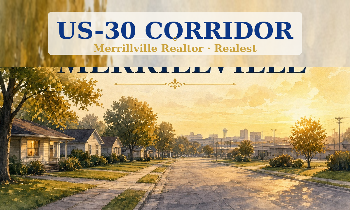 Merrillville Realtor — elegant painterly US-30 corridor golden-hour scene