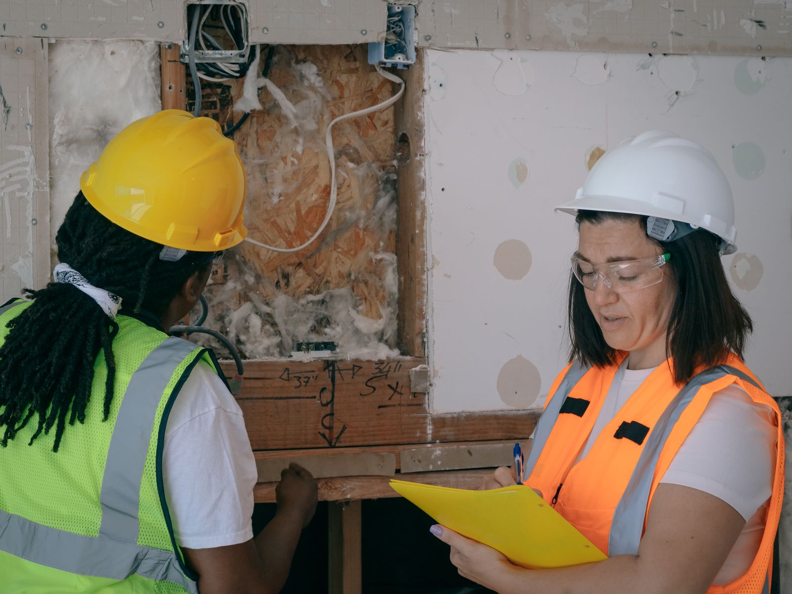 Real photograph of inspectors with clipboard examining home wall systems for home inspections Crown Point shop